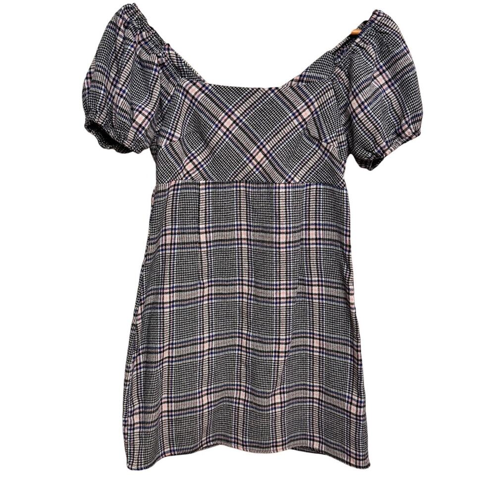 Altar'd State Plaid Puff Sleeve Mini Dress S Cottagecore Babydoll Style Peasant